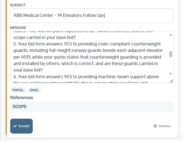 ScrubPlan follow-up suggestion asking the elevator bidder to clarify the counterweight guard discrepancy