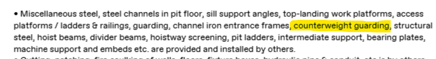 Elevator proposal language stating that counterweight guarding is provided and installed by others