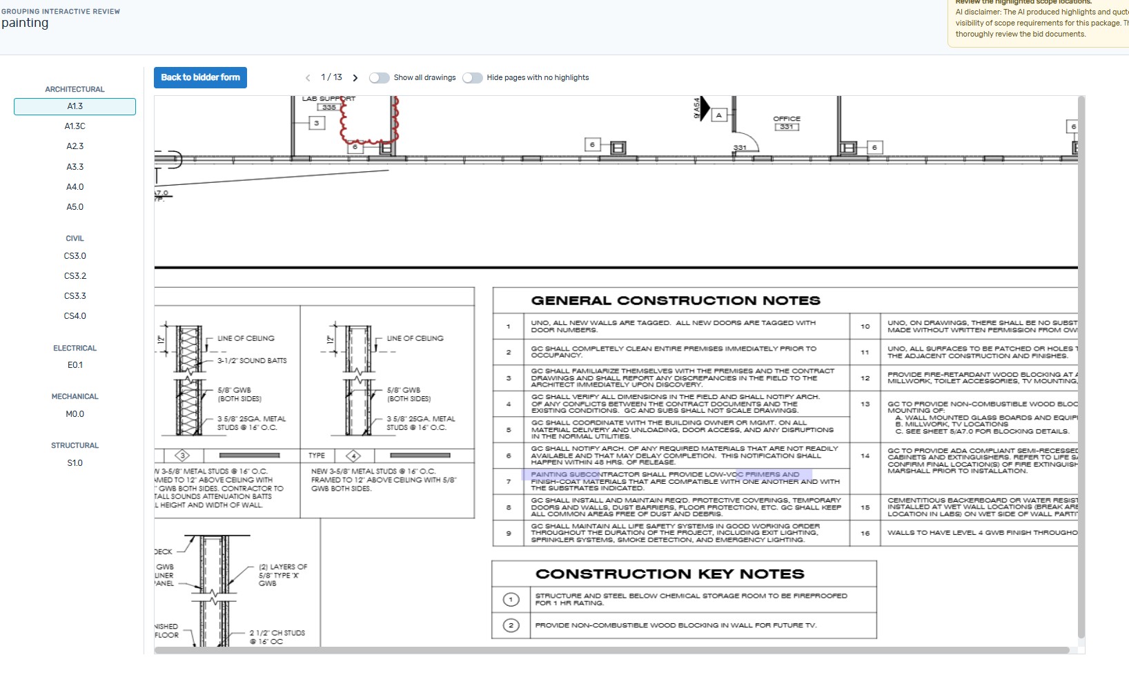 ScrubPlan bidder drawing review showing highlighted painting scope and the relevant drawing-sheet navigation