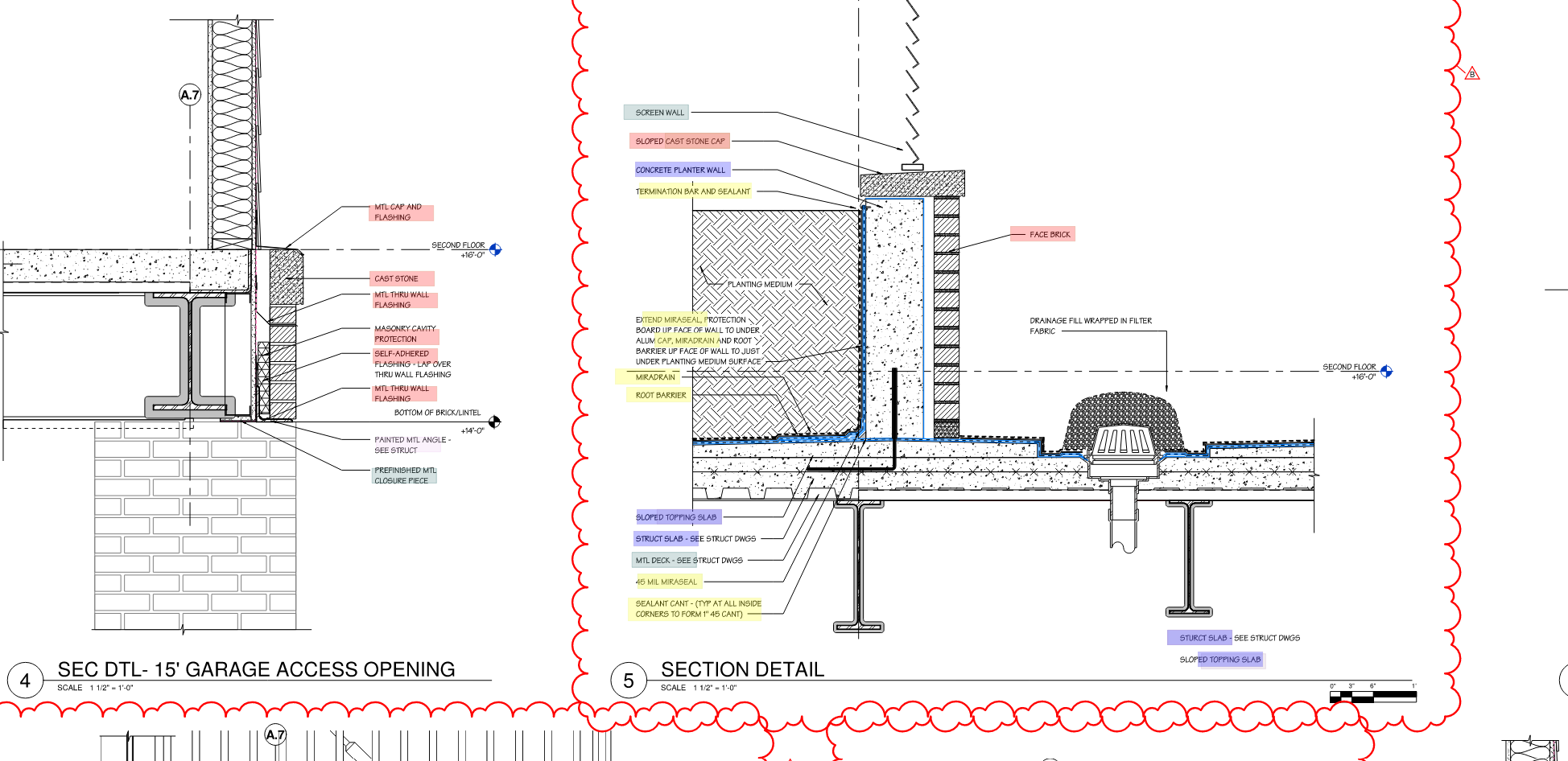 Construction detail sheet with color-coded scope callouts and revision clouds
